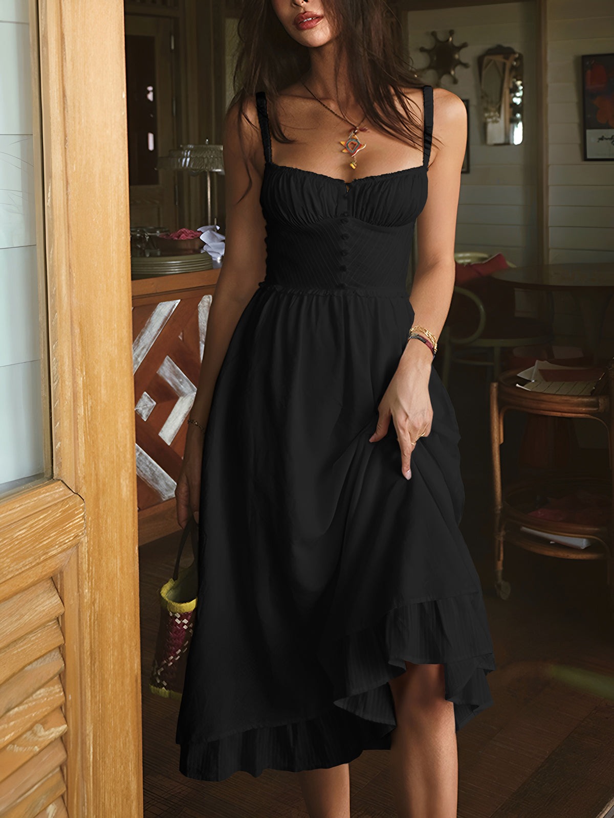 Ruched Midi Sundress - Black