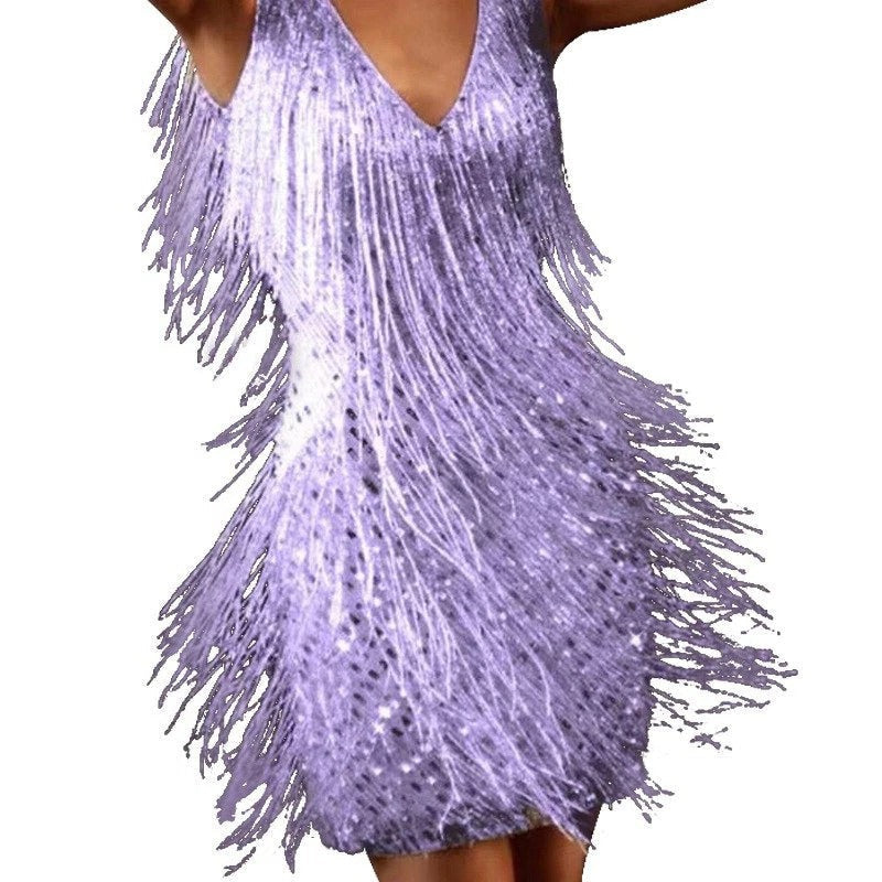 Sequin Fringe Mini Dress - Purple