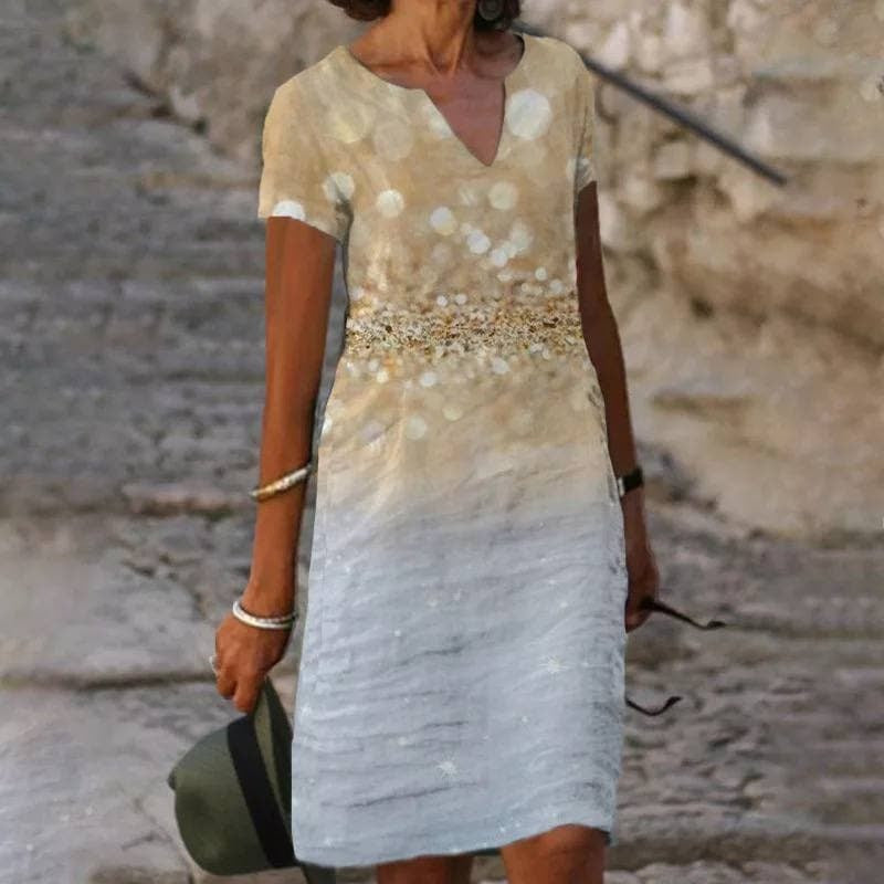 Short Sleeve Floral Midi Dress - Beige
