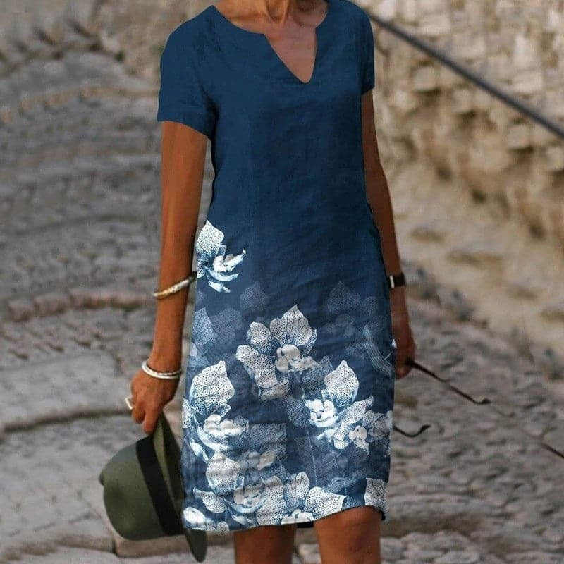 Short Sleeve Floral Midi Dress - Blue
