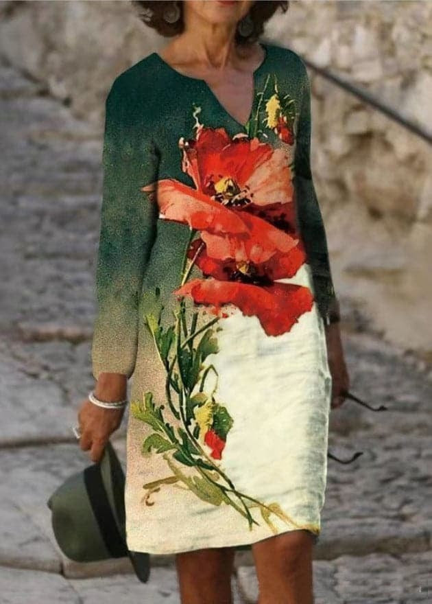 Short Sleeve Floral Midi Dress - Dark Green