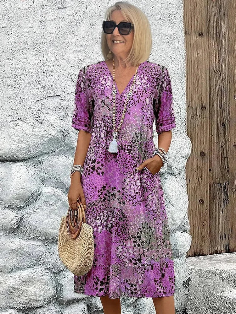 Short Sleeve Floral Midi Dress - Lavender Purple