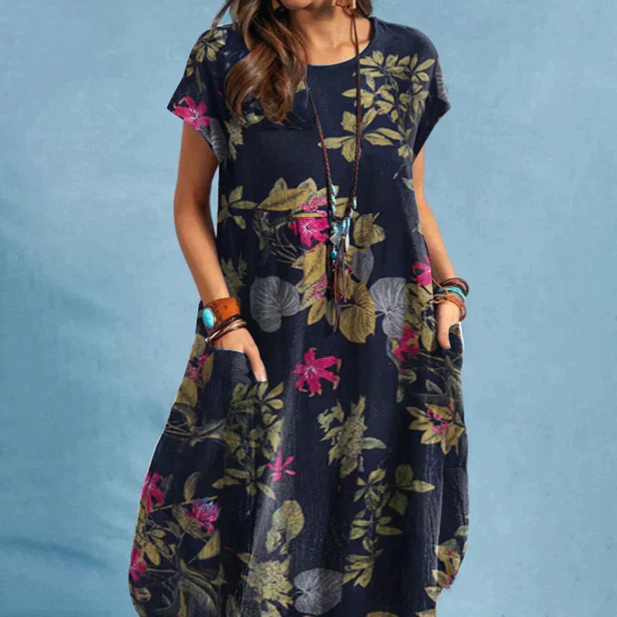 Short Sleeve Floral Midi Dress - Navy Blue
