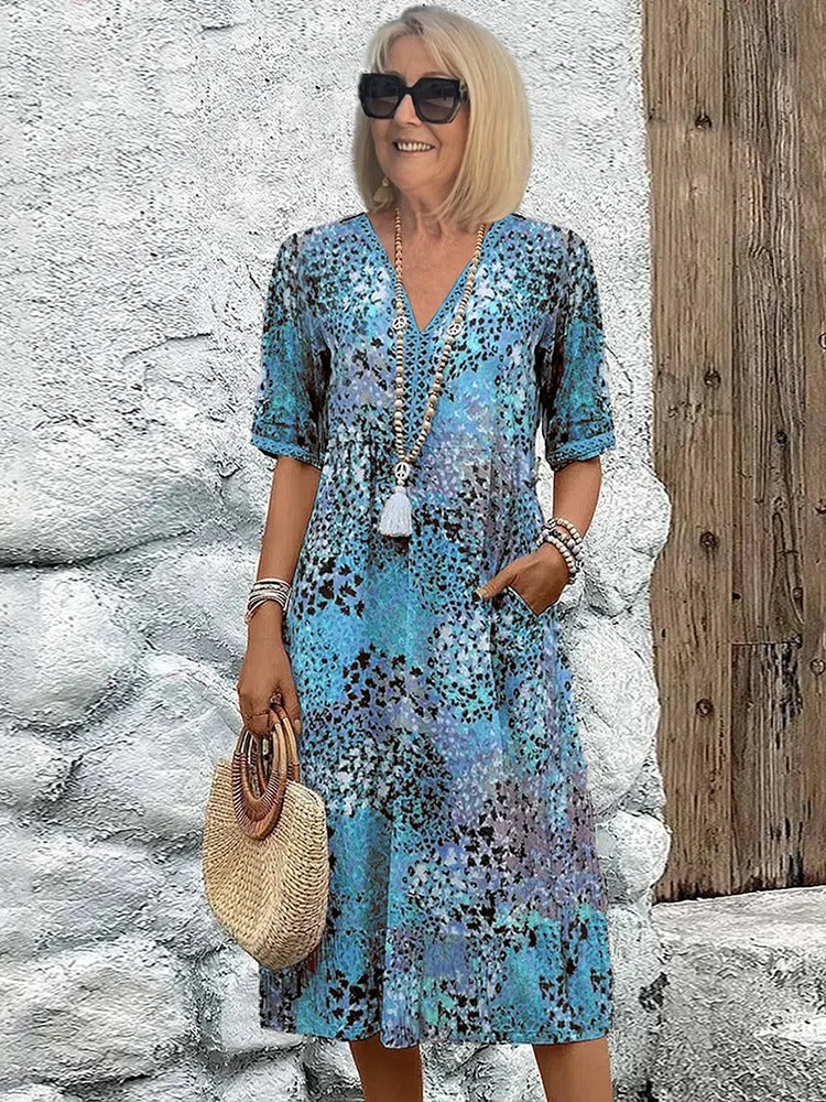 Short Sleeve Floral Midi Dress - Ocean Blue