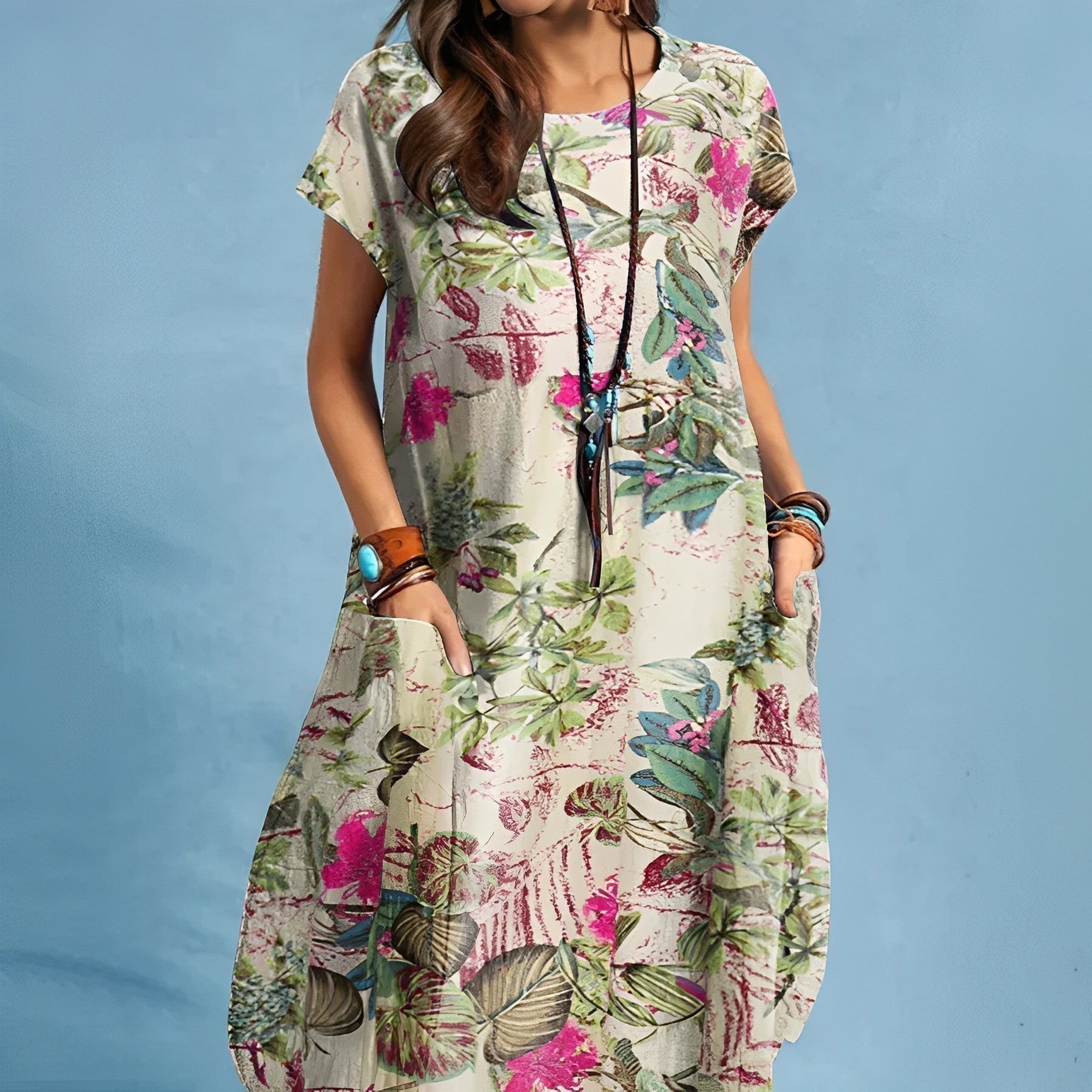Short Sleeve Floral Midi Dress - Red