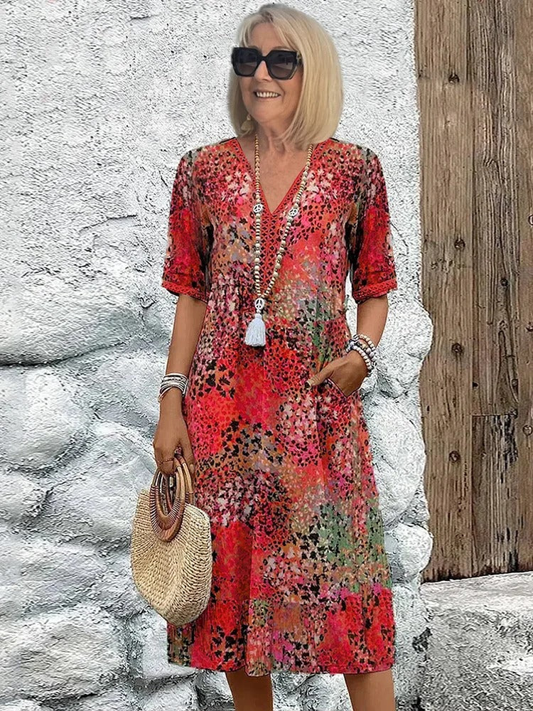 Short Sleeve Floral Midi Dress - Scarlet Red (Almost sold out)