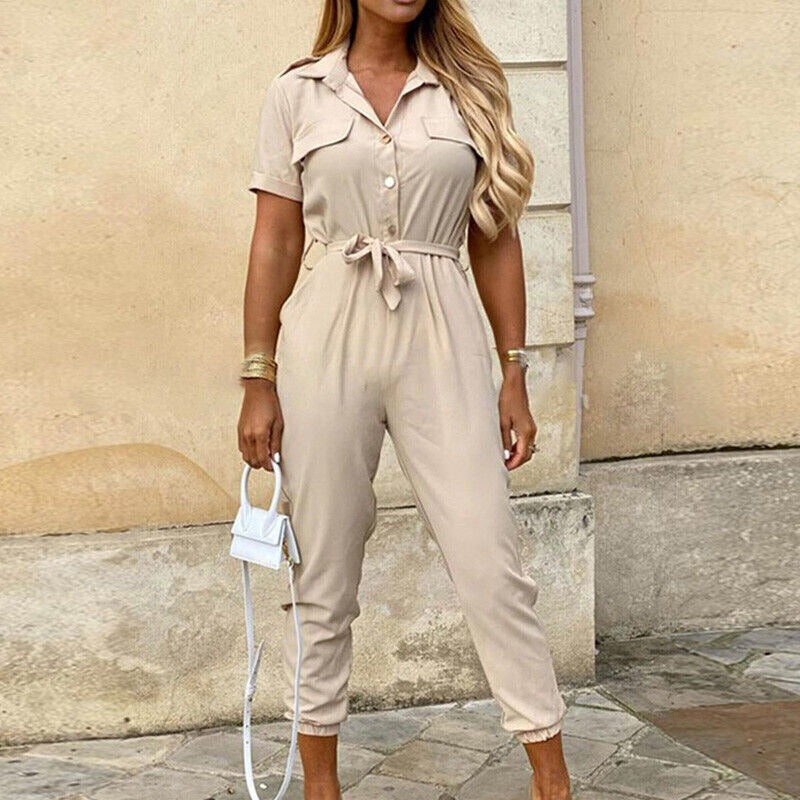 Short Sleeve Utility Jumpsuit - Beige