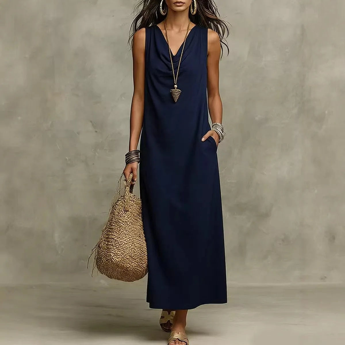 Sleeveless Cowl Neck Maxi Dress - Navy Blue