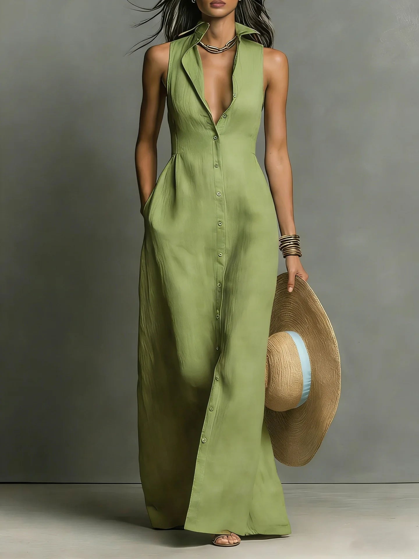 Sleeveless Maxi Shirt Dress - army green