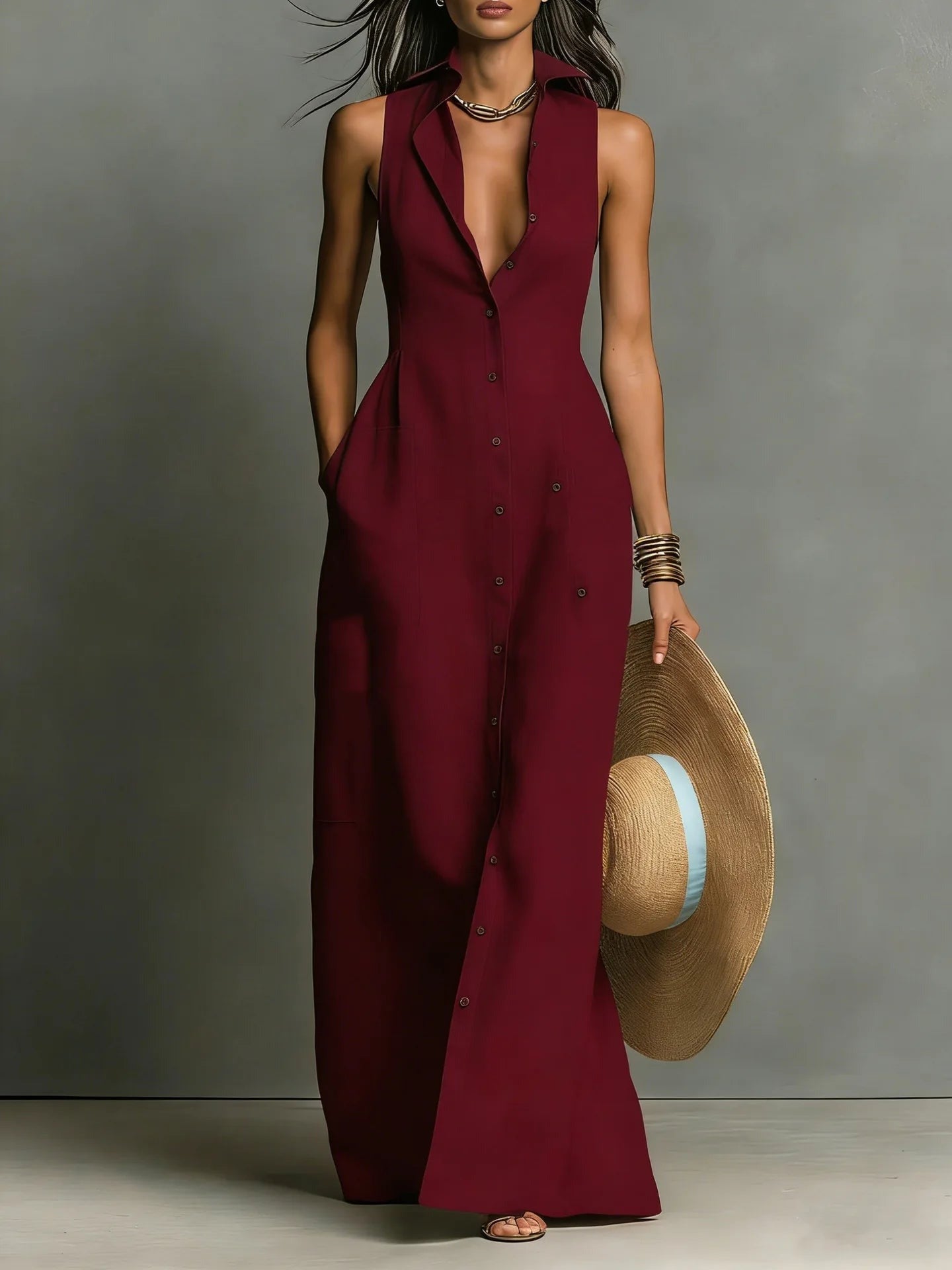 Sleeveless Maxi Shirt Dress - Burgundy
