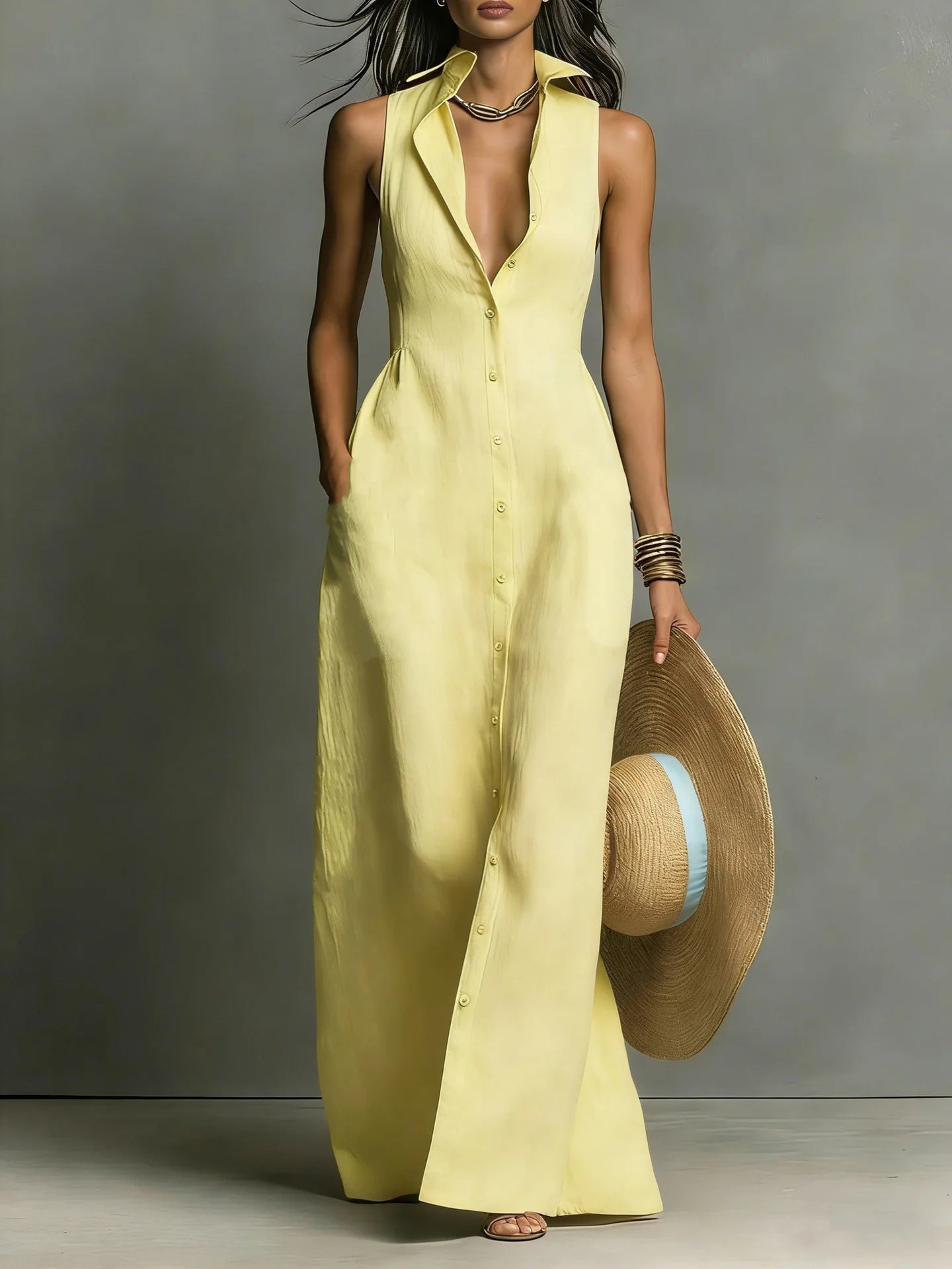 Sleeveless Maxi Shirt Dress - Yellow