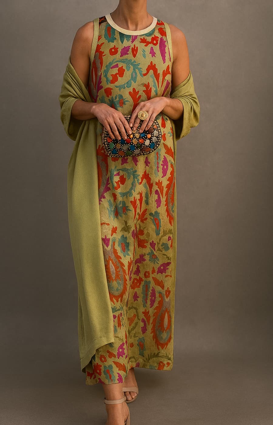 Sleeveless Printed Maxi Dress - Green