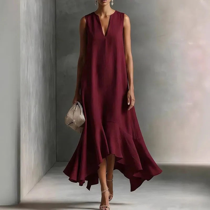 Sleeveless V Neck Maxi Dress - Wine Red