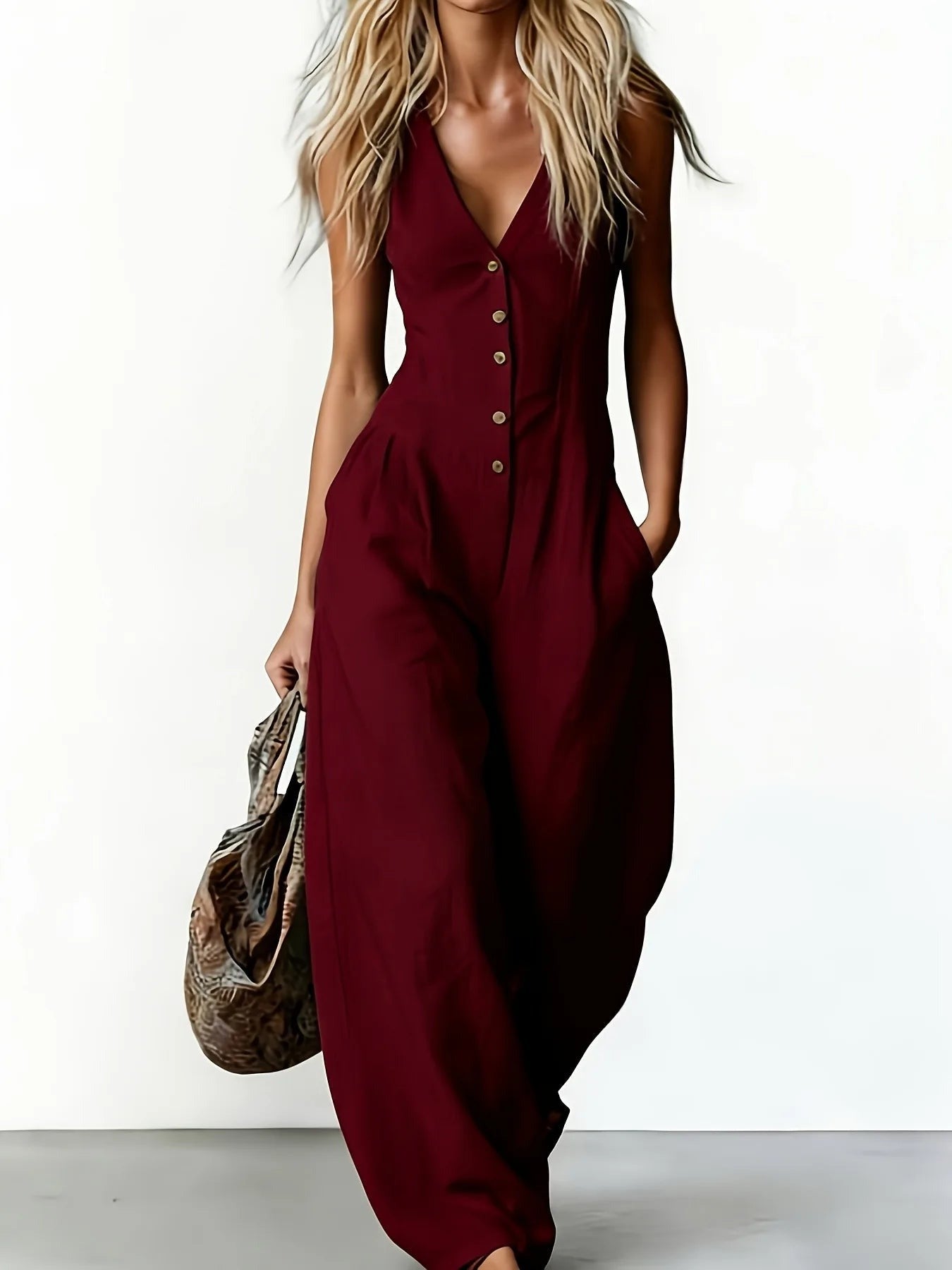 Sleeveless Wide Leg Jumpsuit - Red