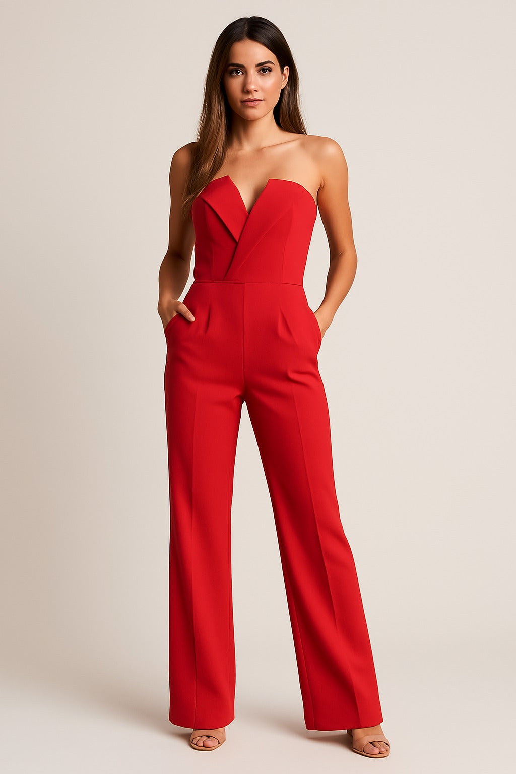Strapless Wide Leg Jumpsuit - Red