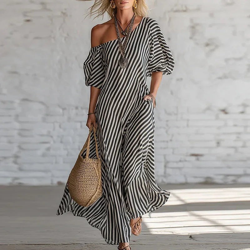 Striped Off Shoulder Maxi Dress - Black
