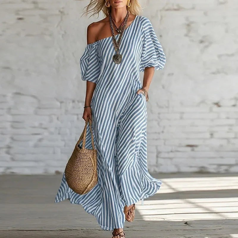 Striped Off Shoulder Maxi Dress - Blue