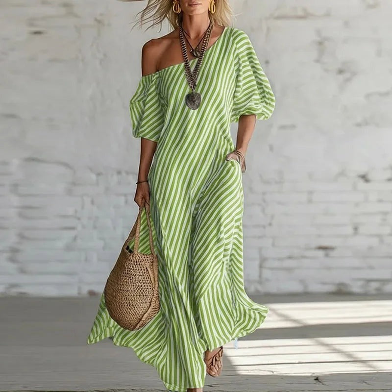 Striped Off Shoulder Maxi Dress - Green