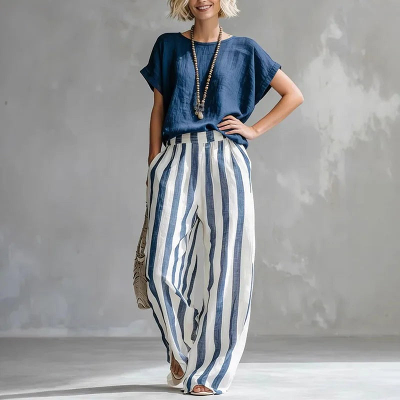 Striped Pants Two Piece Set - Dark Blue
