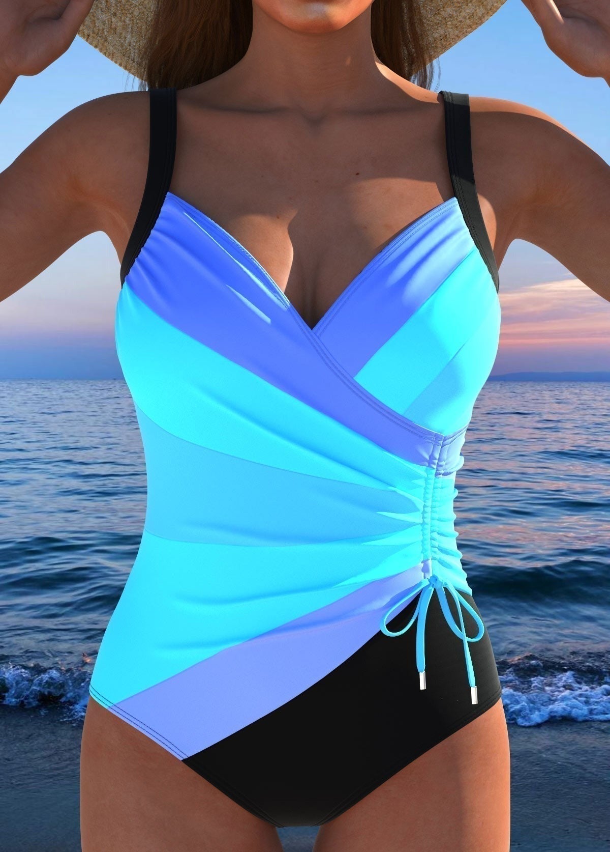 Striped Ruched One Piece Swimsuit - Blue