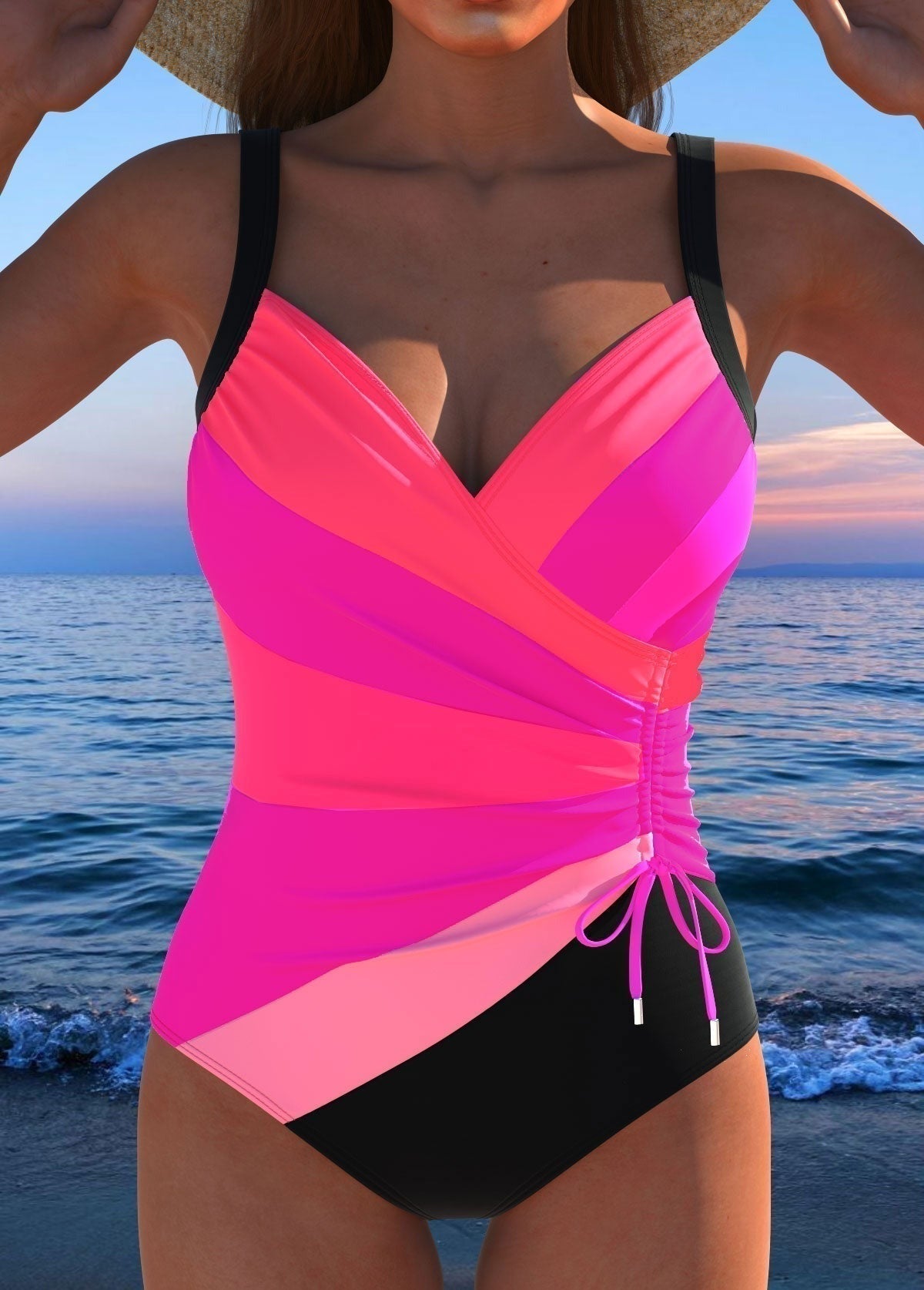 Striped Ruched One Piece Swimsuit - Pink