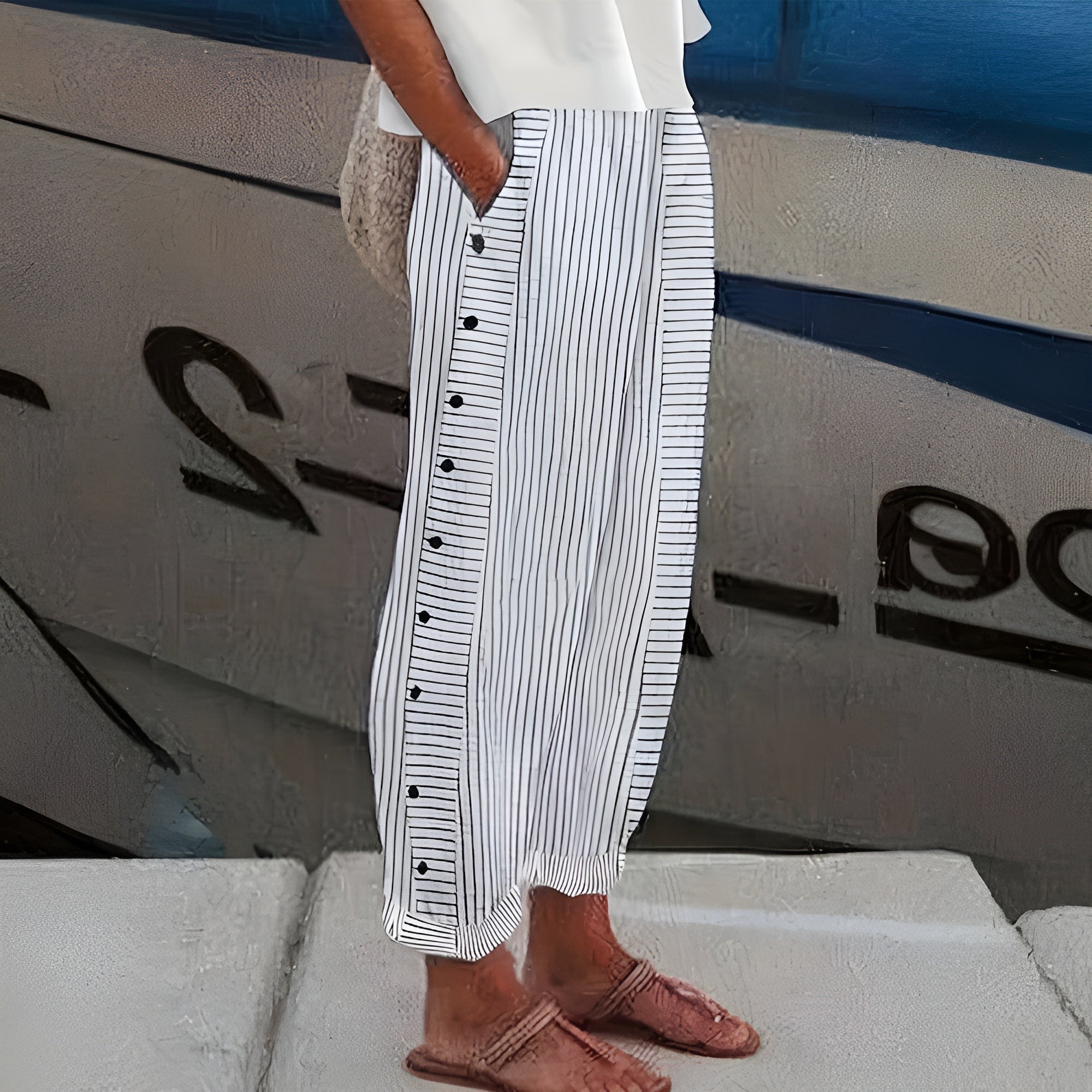Striped Wide Leg Pants - Grey