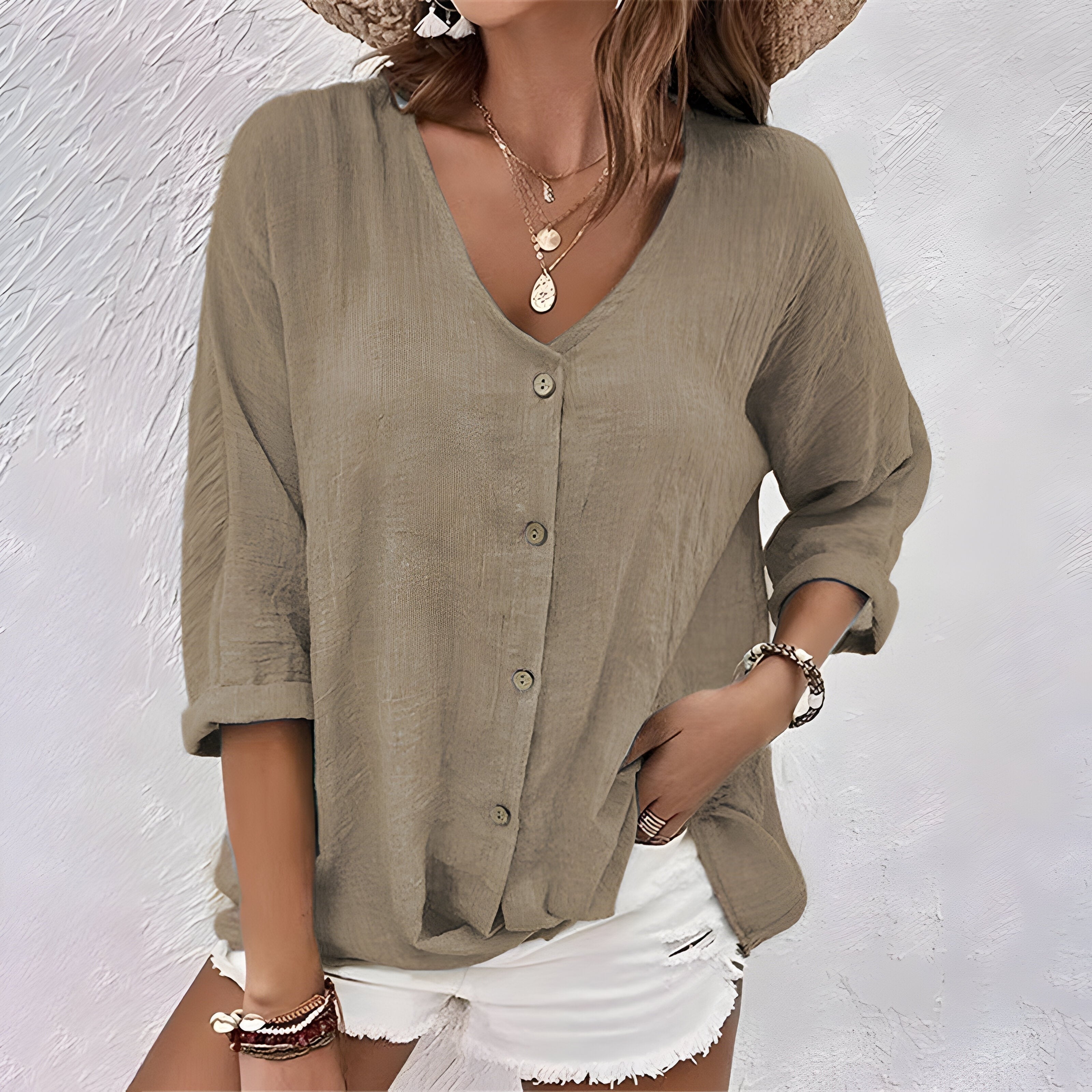 V Neck Blouse - Khaki
