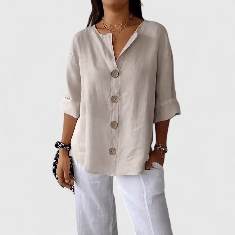 V Neck Long Sleeve Blouse - Apricot