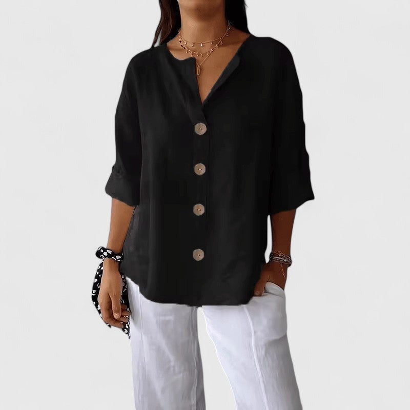 V Neck Long Sleeve Blouse - Black