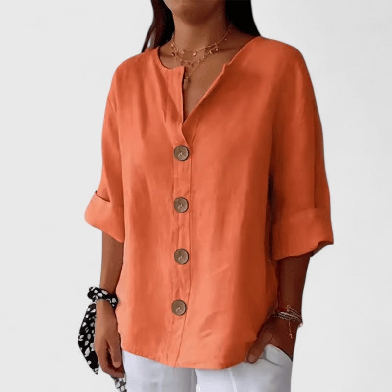 V Neck Long Sleeve Blouse - Orange