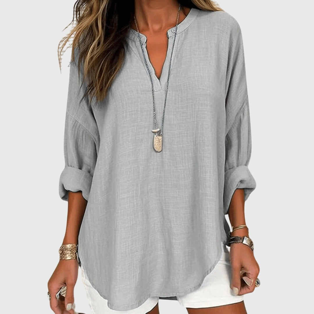 V Neck Long Sleeve Tunic - Gray