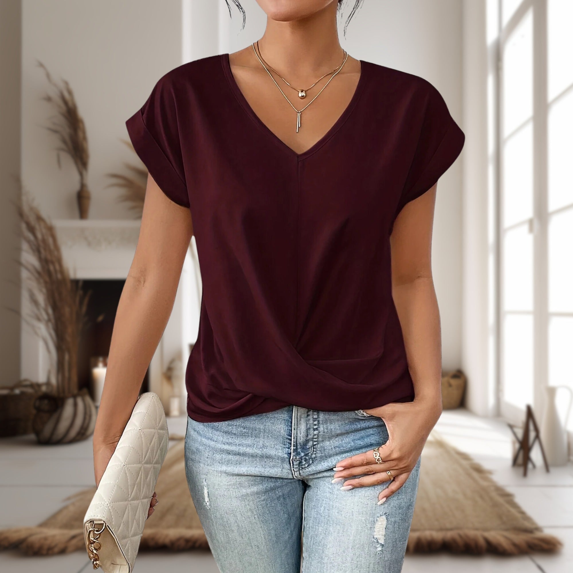 V Neck Short Sleeve Top - Burgundy red