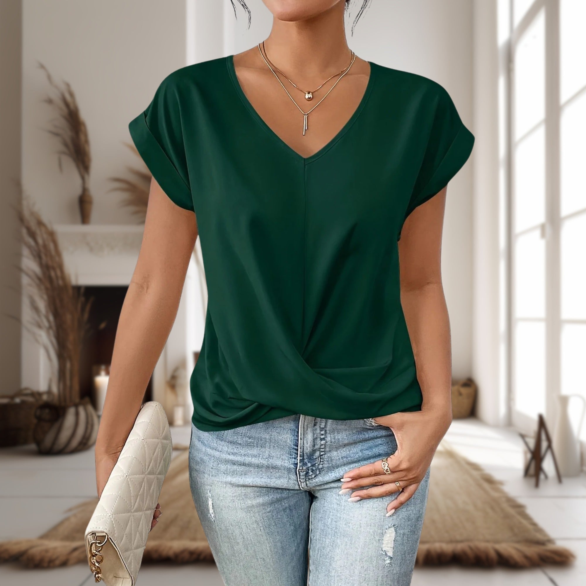 V Neck Short Sleeve Top - Green