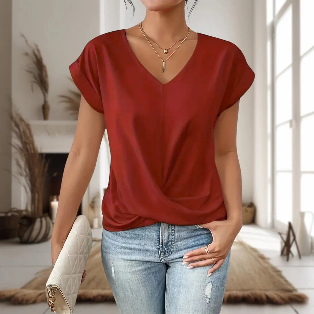V Neck Short Sleeve Top - Red