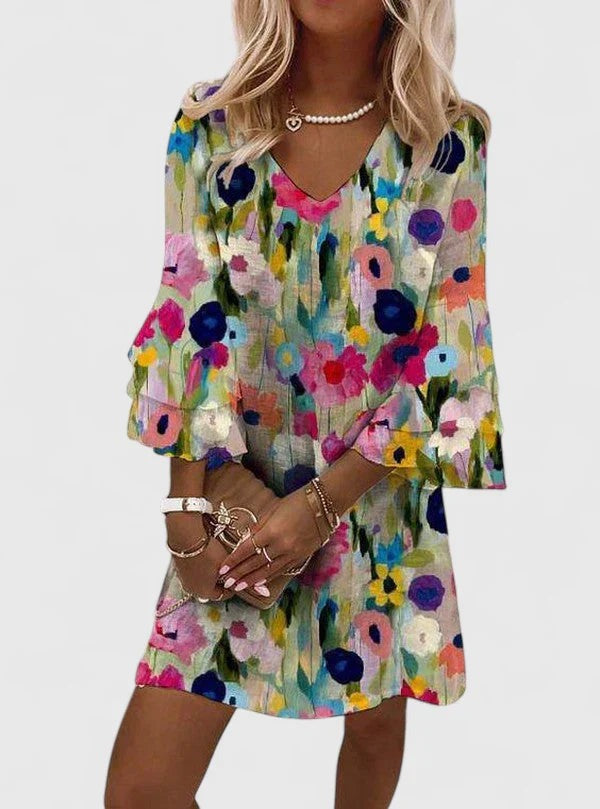 Watercolor Floral Mini Dress - Multicolored