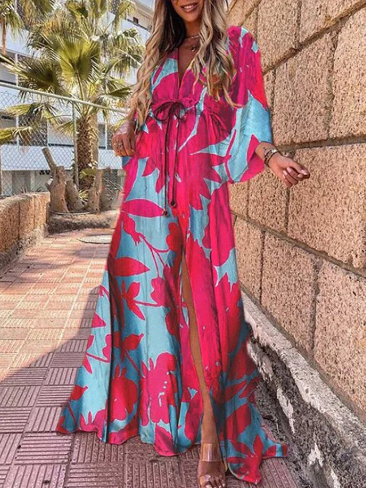 Abstract Print Maxi Dress - Blue-pink