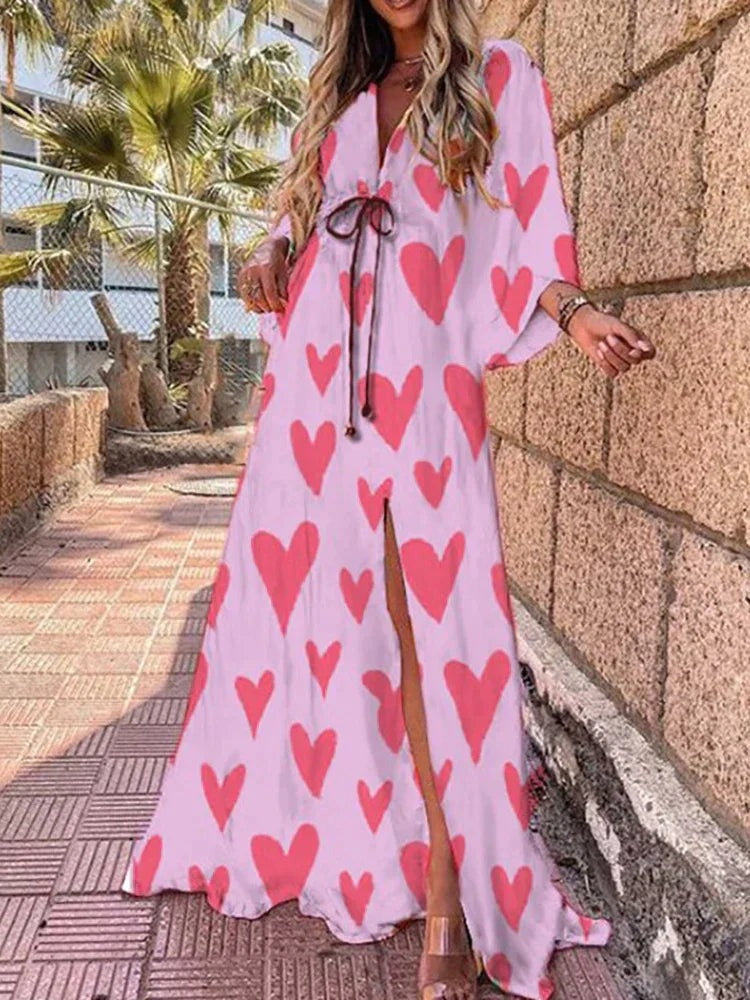 Abstract Print Maxi Dress - Pink Hearts