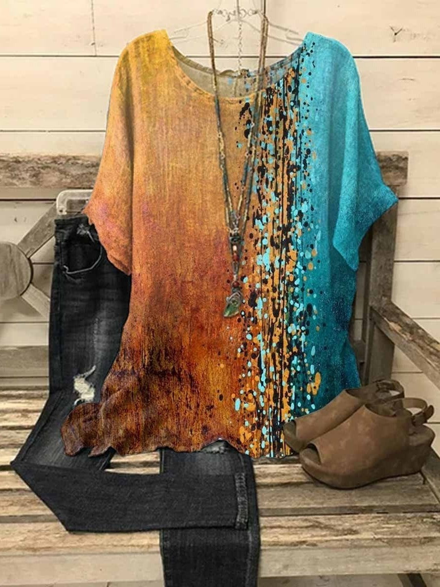 Abstract Print Short Sleeve Top - Colorful