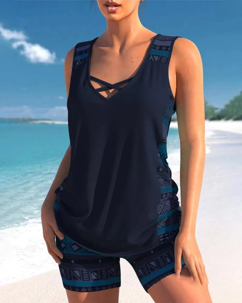 Aztec Print Tankini Swimsuit - Dark Blue
