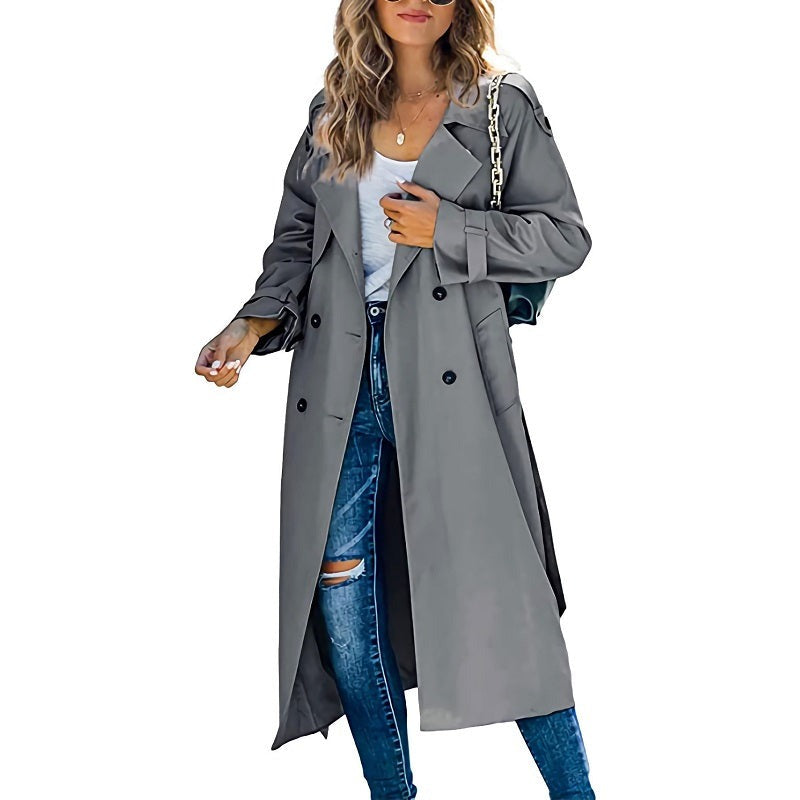 Belted Long Trench Coat - Gray