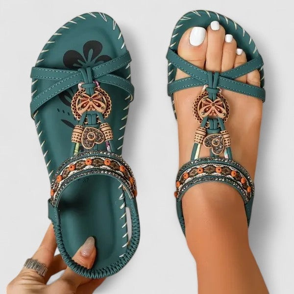Boho Beaded Sandals - Amazon Green