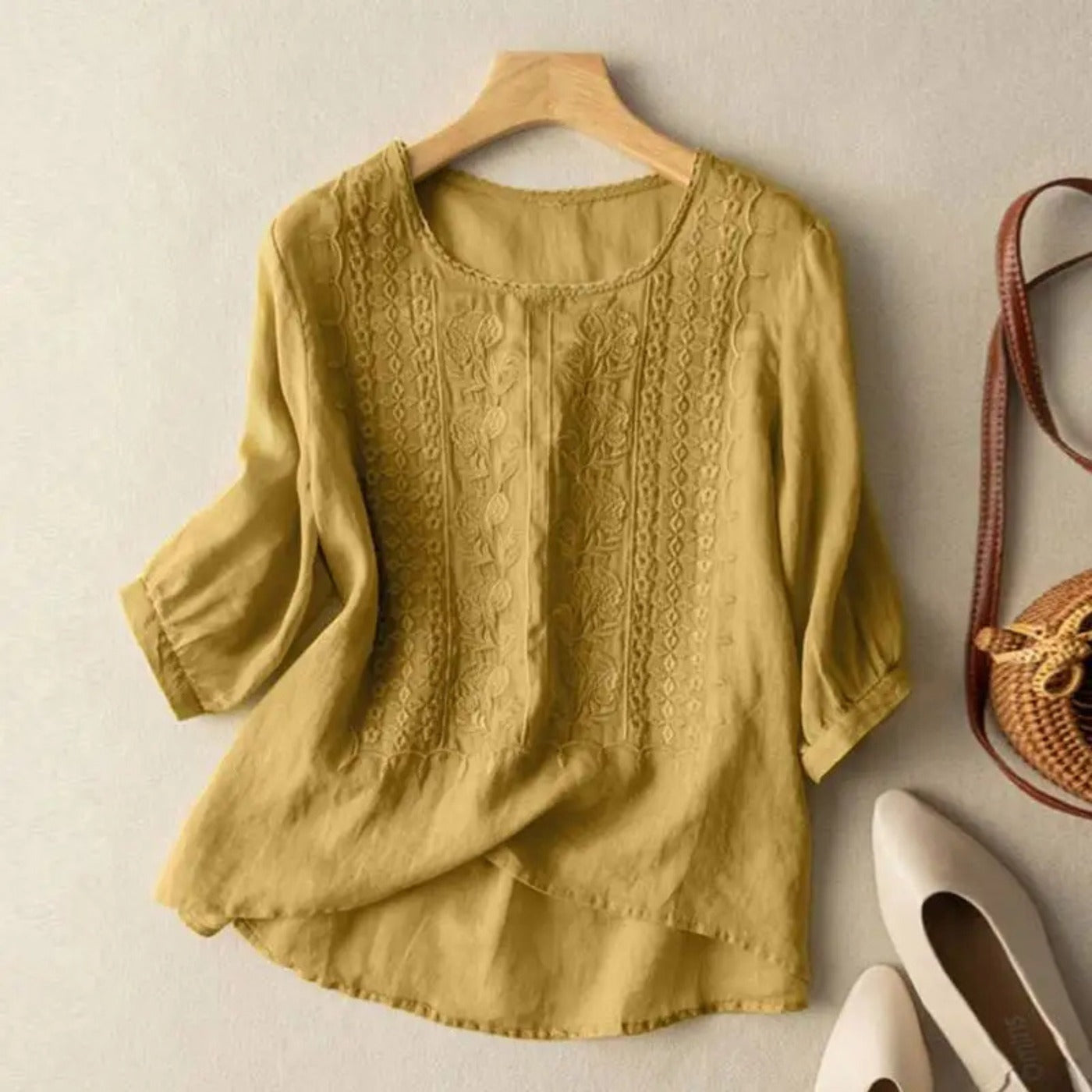 Boho Embroidered Tunic Blouse - Yellow