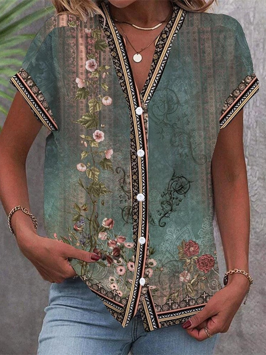Boho Floral Short Sleeve Blouse