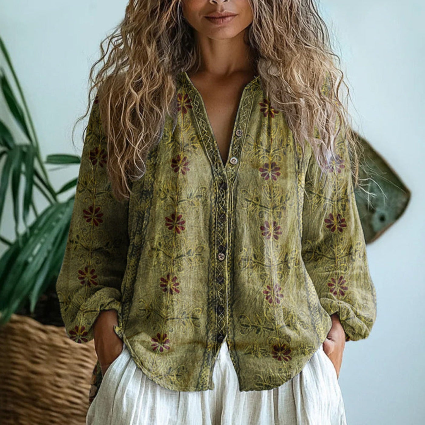 Boho Printed Long Sleeve Blouse - Light Olive Green