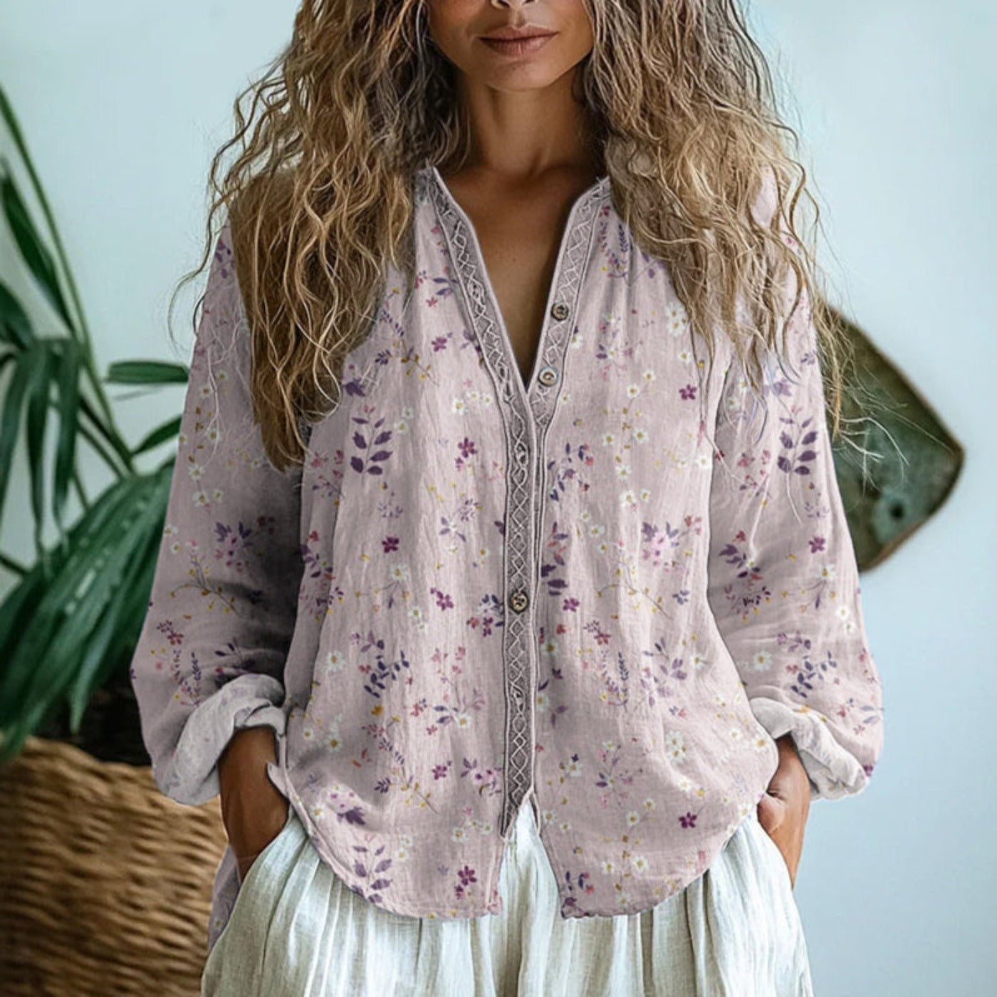 Boho Printed Long Sleeve Blouse - Light Pink