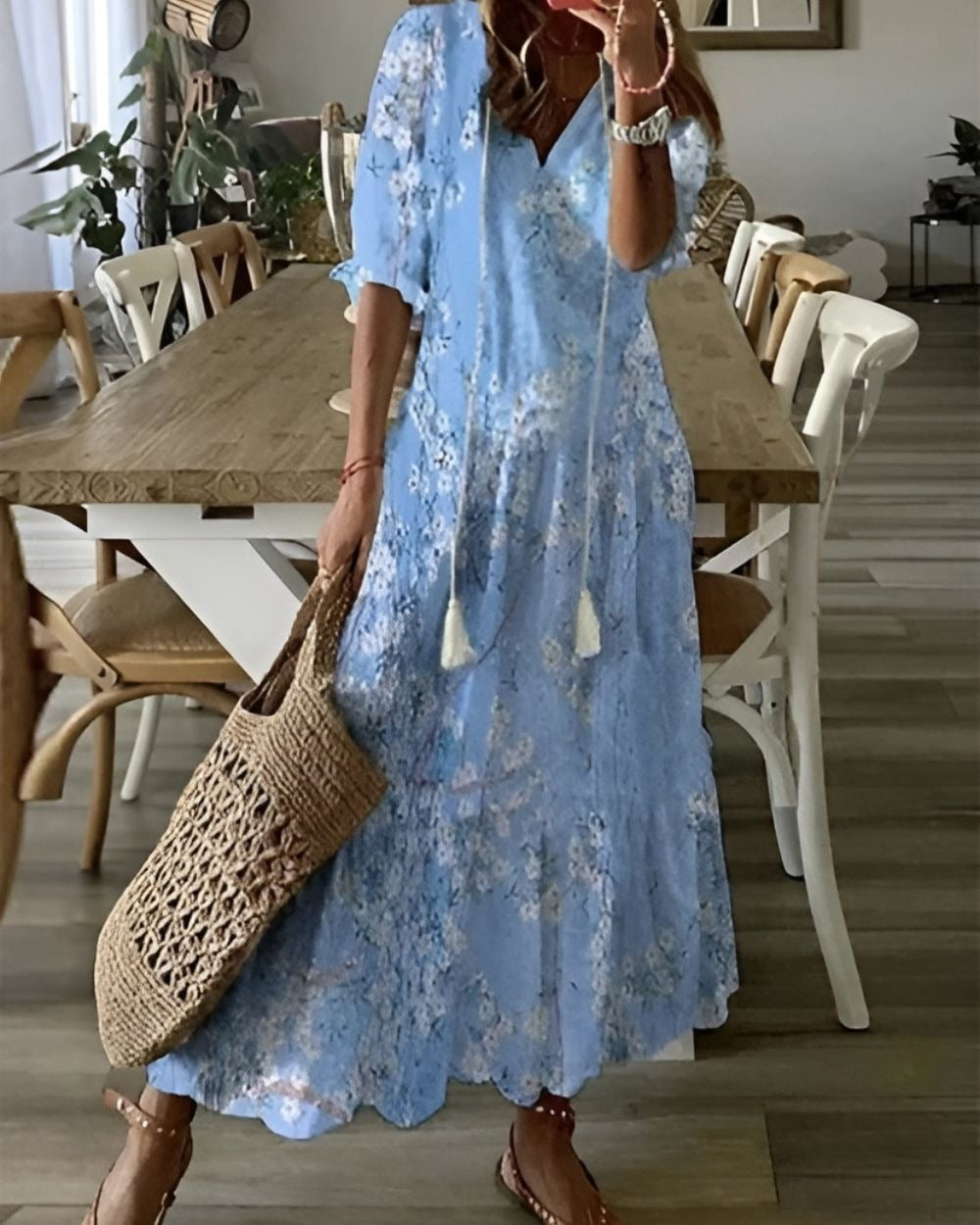 Boho Printed Maxi Dress - Light Blue