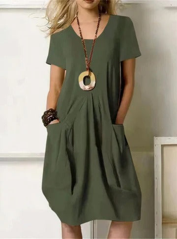 Casual Short Sleeve Shift Dress - Army Green