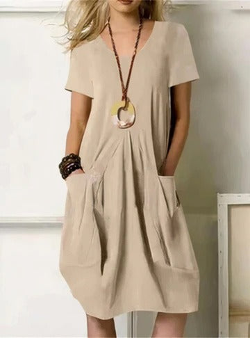 Casual Short Sleeve Shift Dress - Beige