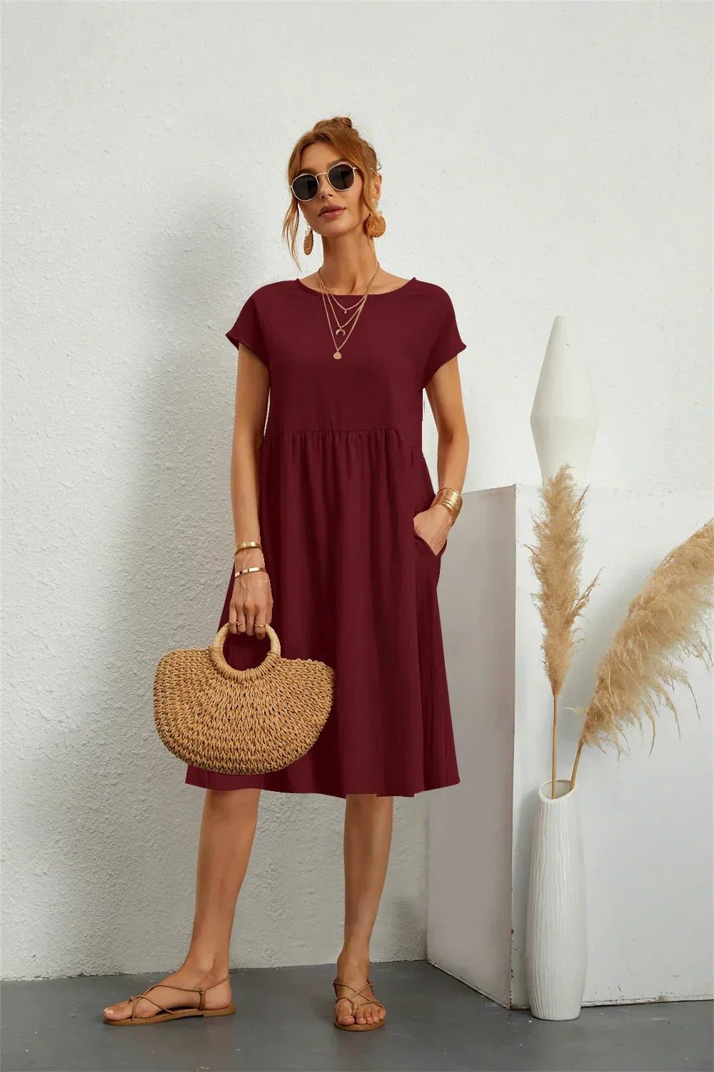 Casual Summer Midi Dress - Burgundy