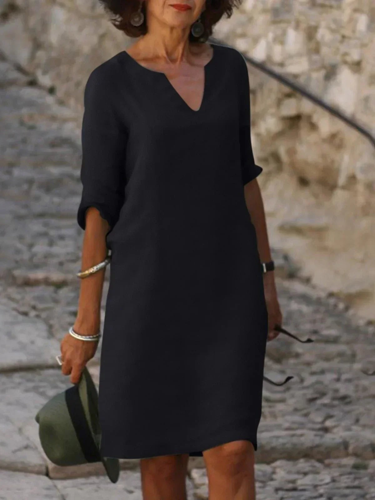 Casual V Neck Shift Dress - Black